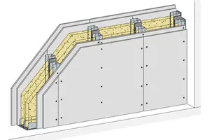 MW22RF - Stene z dvojno kovinsko podkonstrukcijo in 2-slojno oblogo iz Rigips RF ognjeopornih plošč. Požarna zaščita EI 90. Zvočna zaščita Rw do 69 dB.