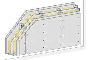 MW221RB - Stene z dvojno kovinsko podkonstrukcijo in 2-slojne + 1 sloj notranje obloge z Rigips gradbeno ploščo RB oziroma RBI.