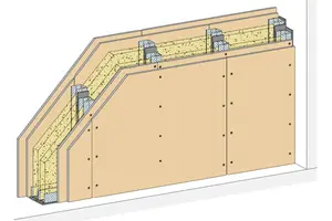 MW22DL - Stene z dvojno kovinsko podkonstrukcijo in 2-slojno oblogo z Rigips Duraline DL oz. Duraline DLI impregnirano ploščo s povečano površinsko trdoto.