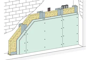 SW22AR - Stene jaškov z podvojeno podkonstrukcijo, 2-slojna obloga z Aquaroc cementno ploščo.