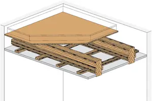 HB61RF - Stropna obloga z leseno podkonstrukcijo in delno odkritimi tramovi z Rigips ognjeodporno ploščo RF.