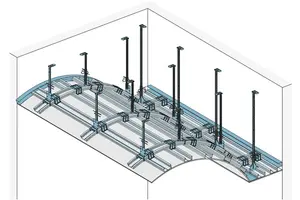 AD10RTC - Spuščen strop z dvonivojsko kovinsko podkonstrukcijo z Rigiton Big Curve perforirano ploščo.