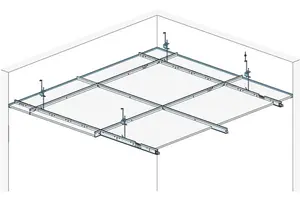 AD20GYAE - Spuščen strop z kovinsko podkonstrukcijo za obliko robov A / E 15 z Gyptone Activ‘Air kasetnimi ploščami.