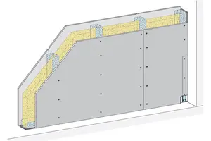 PS31CF - Stena z enojno kovinsko podkonstrukcijo, 1-slojna obloga z Rigips Climafit in Rigips gradbeno ploščo RB.