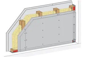 PS42CF - Stena z enojno leseno podkonstrukcijo, 2-slojna obloga z Rigips Climafit in Rigips gradbeno ploščo RB.