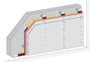 RS12SRB - Stenska obloga z nastavljivimi prepogibnimi držali, 2-slojna obloga, z Rigips zaščitno ploščo pred sevanjem + Rigips gradbena plošča RB.