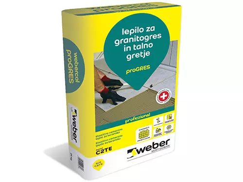 webercol proGRES - Elastično lepilo za zunanje in notranje lepljenje manj vpojne keramike večjih dimenzij. Primerno za granitogres in talno gretje. RAZRED C2TE. OJAČANO Z MIKROVLAKNI.