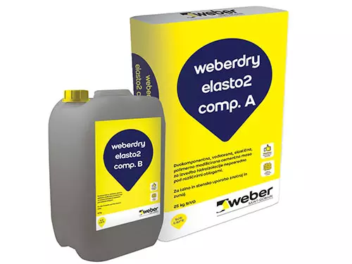 weberdry elasto2 - Hidroizolacija za tesnenje balkonov, teras, streh, kabin za prhanje, korit in bazenov pred polaganjem keramičnih oblog. Primerna tudi za zalogovnike s pitno vodo.