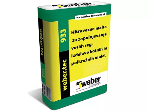 webertec 933 - hitrovezna, vodoodbojna malta za zaponjevanje fug, omet za popravila in zapolnjevanje razpok, izdelavo polkrožnih muld in hitrovezni nosilni omet pred nanosom ometov v primeru močno mokre podlage.