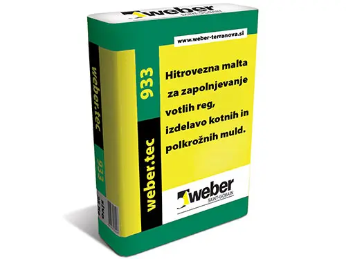 webertec 933 - hitrovezna, vodoodbojna malta za zaponjevanje fug, omet za popravila in zapolnjevanje razpok, izdelavo polkrožnih muld in hitrovezni nosilni omet pred nanosom ometov v primeru močno mokre podlage.