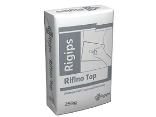Rigips Rifino Top - RIFINO TOP je bela, fina, z dodatki izboljšana fugirna, oziroma gladilna masa. Za glajenje fug in priključkov mavčno-kartonskih plošč s pomočjo bandažnega traku.