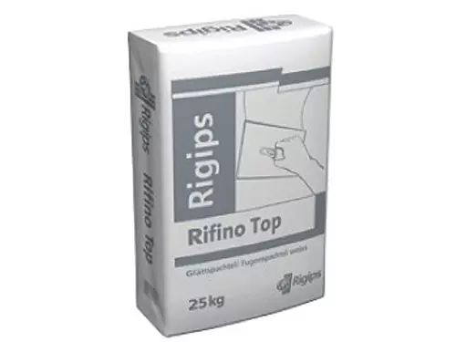 Rigips Rifino Top - RIFINO TOP je bela, fina, z dodatki izboljšana fugirna, oziroma gladilna masa. Za glajenje fug in priključkov mavčno-kartonskih plošč s pomočjo bandažnega traku.