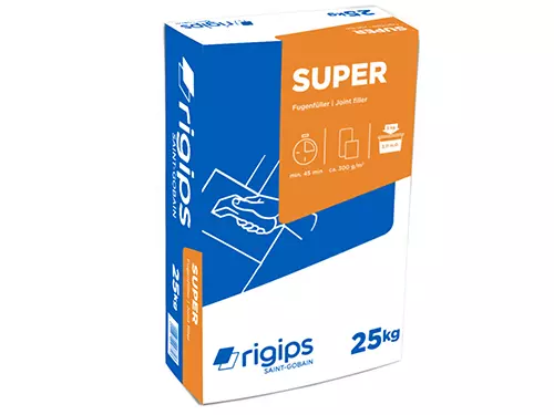 Rigips SUPER A je fina, z dodatki izboljšana fugirna masa za fugiranje stikov mavčno kartonskih plošč v kombinaciji z Rigips ojačitvenim bandažnim trakom.