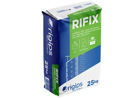 RIGIPS RIFIX je mavčno lepilo za ročno lepljenje mavčnih plošč Rigips, Rigitherm plošč, mavčno vlaknenih plošč Rigidur, direktno na nosilno podlago.