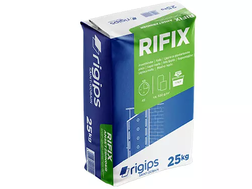 RIGIPS RIFIX je mavčno lepilo za ročno lepljenje mavčnih plošč Rigips, Rigitherm plošč, mavčno vlaknenih plošč Rigidur, direktno na nosilno podlago.