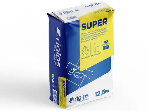 SUPER CEE je fina, z dodatki izboljšana fugirna masa za fugiranje stikov mavčno kartonskih plošč v kombinaciji z Rigips ojačitvenim bandažnim trakom.