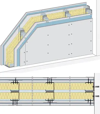EW23RF - Suhomontažne protivlomne stene, stena z dvojno podkonstrukcijo, 3-slojno oblogo - RC 2, z Rigips ognjeodporno ploščo RF oz. RFI in jekleno pločevino.