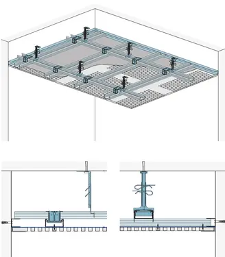 AD10RTB - Spuščen strop z dvonivojsko kovinsko podkonstrukcijo z Rigiton Big Air perforirano ploščo.