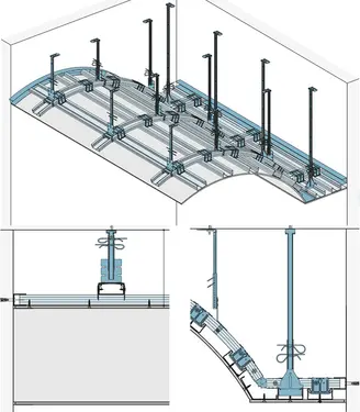 AD10RTC - Spuščen strop z dvonivojsko kovinsko podkonstrukcijo z Rigiton Big Curve perforirano ploščo.