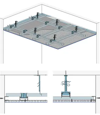 AD10RTP - Spuščen strop z dvonivojsko kovinsko podkonstrukcijo z Rigiton perforirano ploščo z slojem akustičnega ometa.