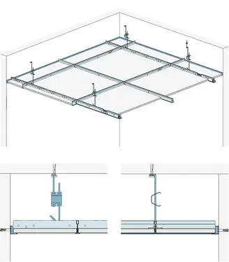 AD20GYAE - Spuščen strop z kovinsko podkonstrukcijo za obliko robov A / E 15 z Gyptone Activ‘Air kasetnimi ploščami.