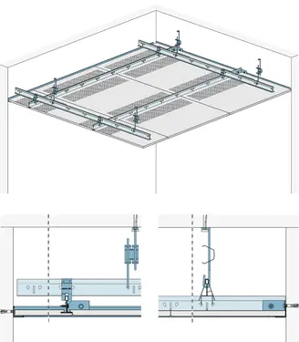 AD20GYD - Spuščen strop z kovinsko podkonstrukcijo za obliko robu D2 z Gyptone Activ’Air kasetnimi ploščami.