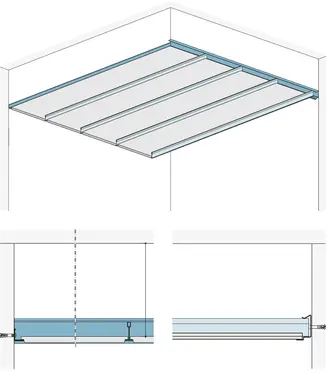 AD30GYAE - Spuščen strop z kovinsko podkonstrukcijo za obliko robov A / E 15 z Gyptone ploščami velikega formata.