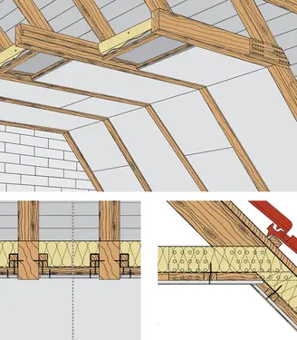 DA60RB - Podstrešne obloge z delno izpostavljenimi trami z Rigips gradbeno ploščo RB.