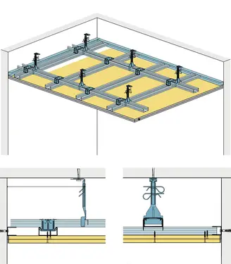 SD11RH - Spuščen strop z dvonivojsko kovinsko podkonstrukcijo z Rigidur H mavčno vlakneno ploščo.