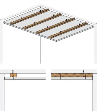 SD41RF - Stropna obloga z leseno podkonstrukcijo, enojne letve, z Rigips Die Dicke RF.
