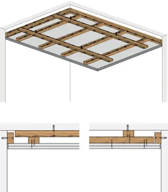 SD51RF - Stropna obloga z leseno podkonstrukcijo, dvojne letve, z Rigips ognjeodporno ploščo RF oz. Rigips Die Dicke RF.