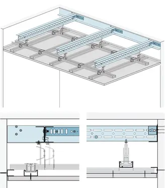 WS20RB-a - Strop z nosilci dolgega razpona Sistem „XL“ (obešena varianta) z Rigips gradbeno ploščo RB.