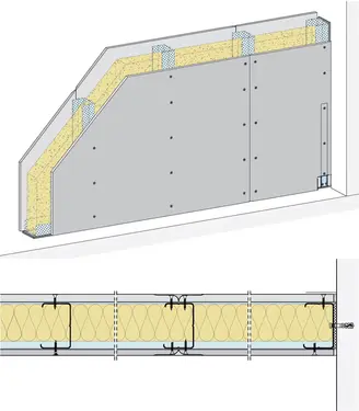 PS31CF - Stena z enojno kovinsko podkonstrukcijo, 1-slojna obloga z Rigips Climafit in Rigips gradbeno ploščo RB.
