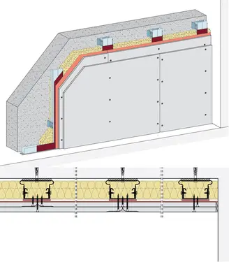 RS12SRB - Stenska obloga z nastavljivimi prepogibnimi držali, 2-slojna obloga, z Rigips zaščitno ploščo pred sevanjem + Rigips gradbena plošča RB.